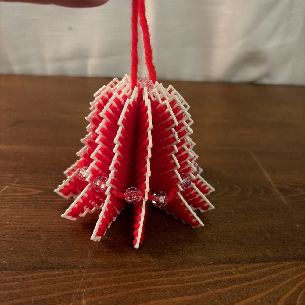 Vtg Homemade‎ Plastic Canvas Bell Christmas Ornament Red And White  3"